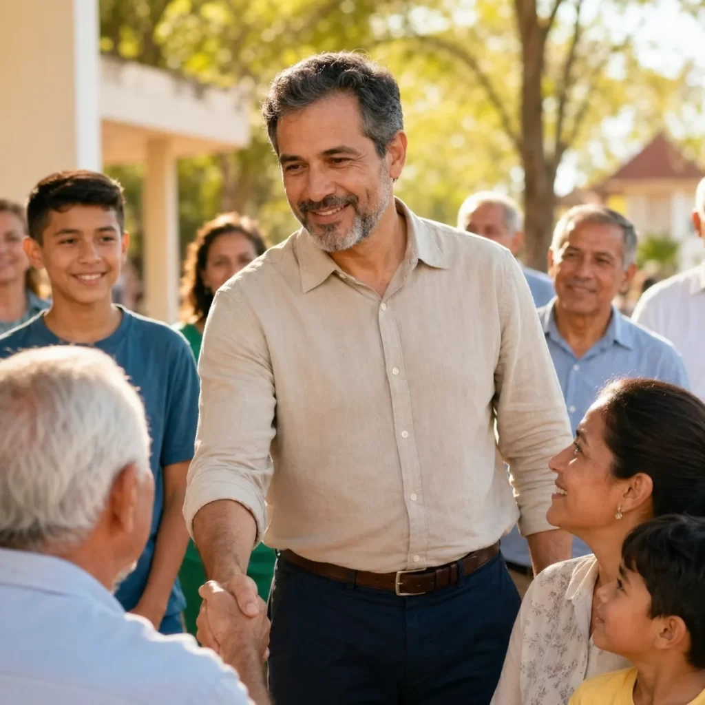 Hombre saludando con respeto a una persona mayor frente a una comunidad, símbolo de buen testimonio cristiano.