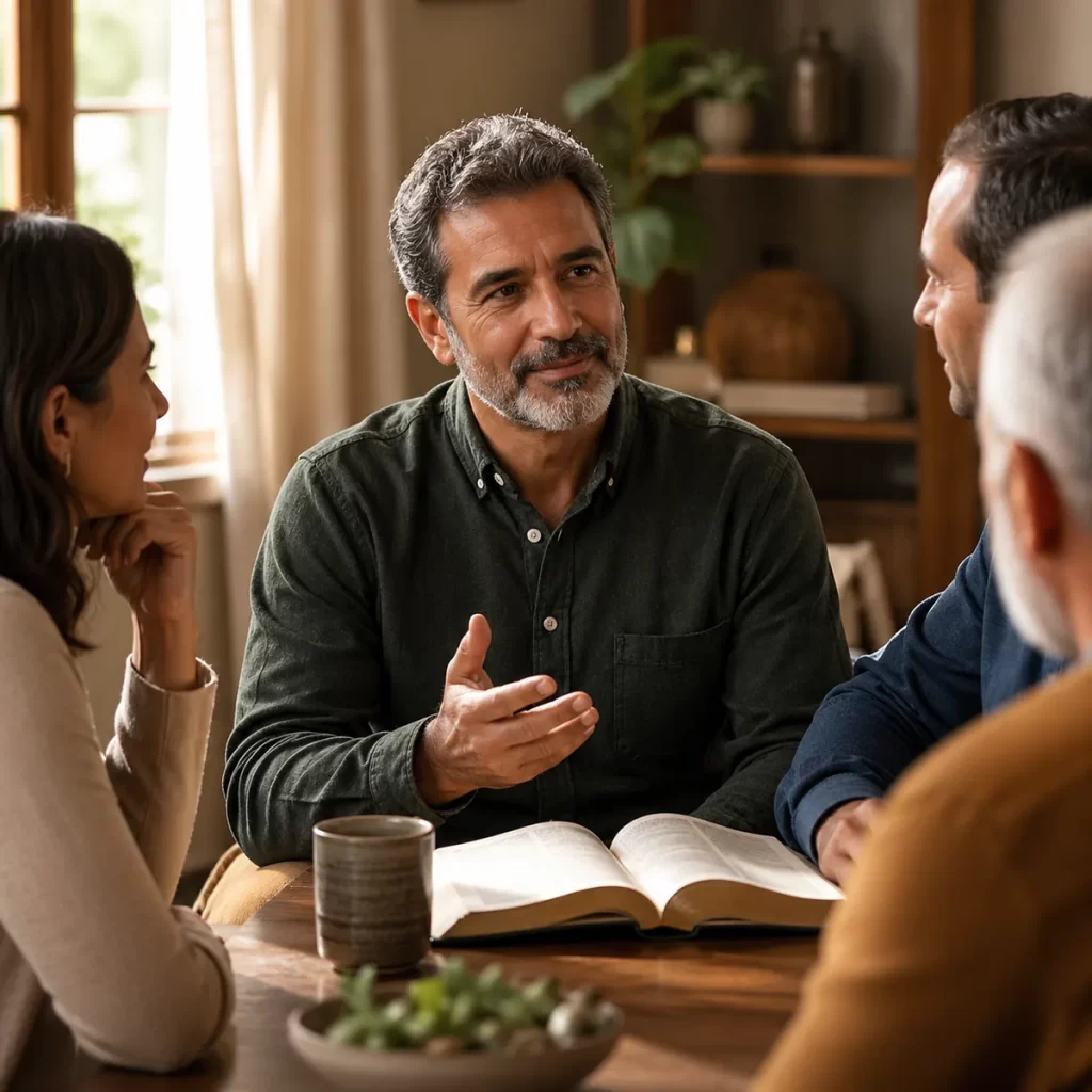 Líder cristiano conversando con calma alrededor de una Biblia, símbolo de dominio propio y carácter pacífico.