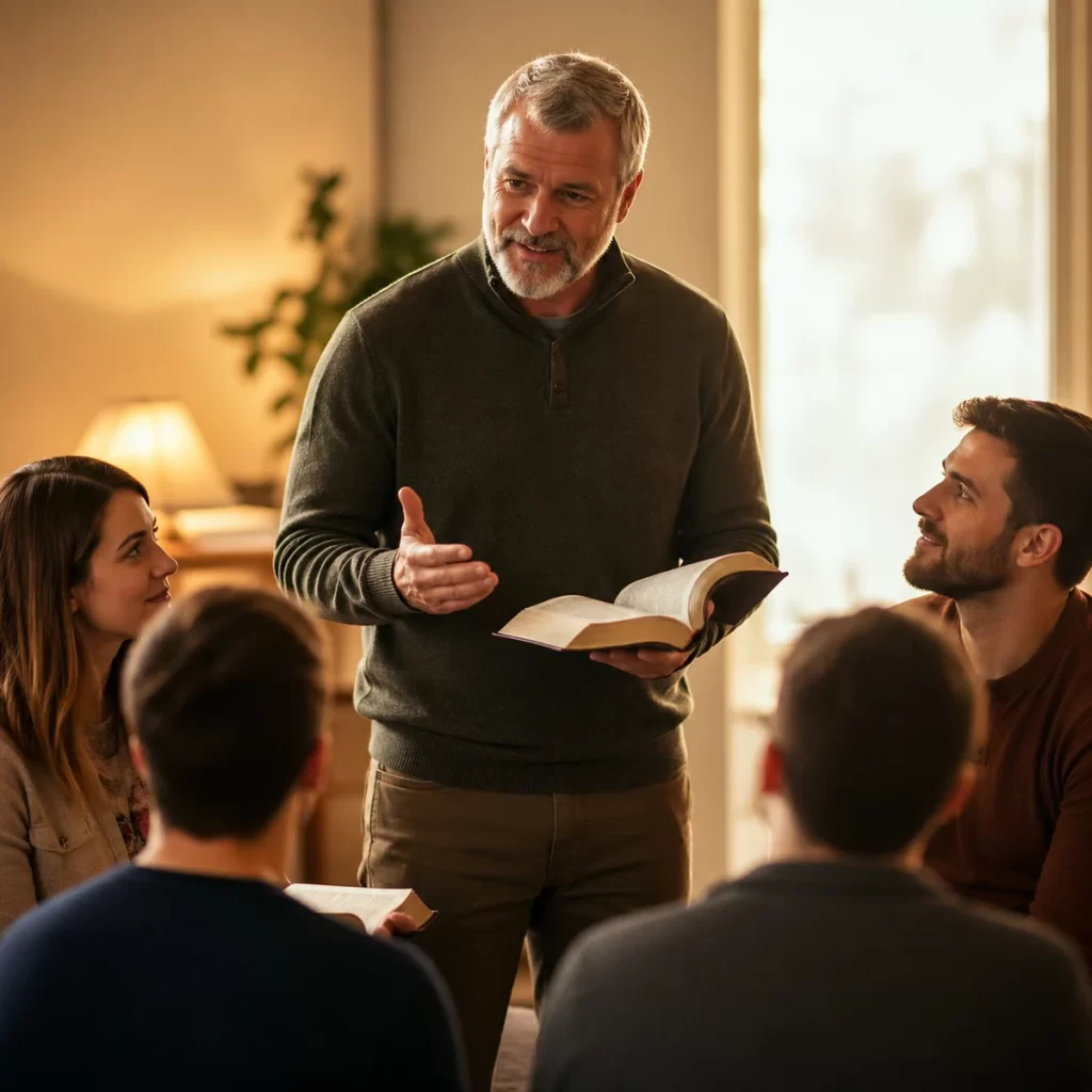 Líder cristiano enseñando con una Biblia abierta a un grupo reunido, símbolo del deseo de servir en la obra de Dios.