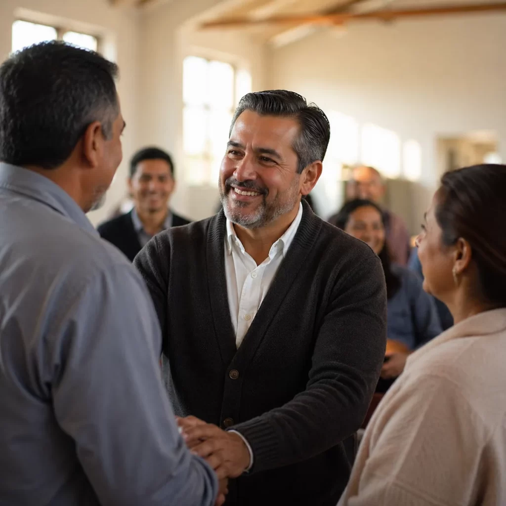 Líder cristiano saludando con respeto a miembros de la comunidad, símbolo de una vida irreprensible e íntegra.