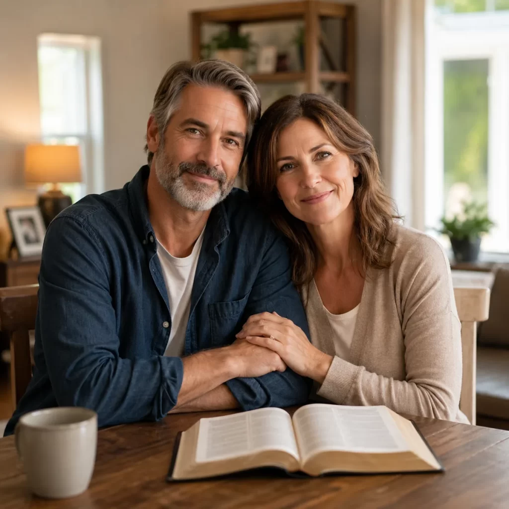 Pareja cristiana sentada junto a una Biblia abierta, símbolo de fidelidad matrimonial y vida íntegra delante de Dios.