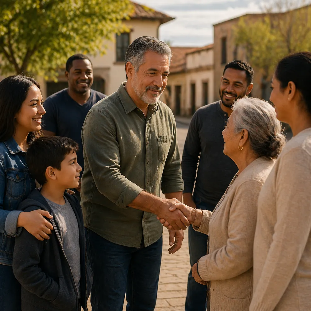 Líder cristiano saludando con respeto a una mujer mayor en una comunidad, símbolo de buen testimonio e integridad.