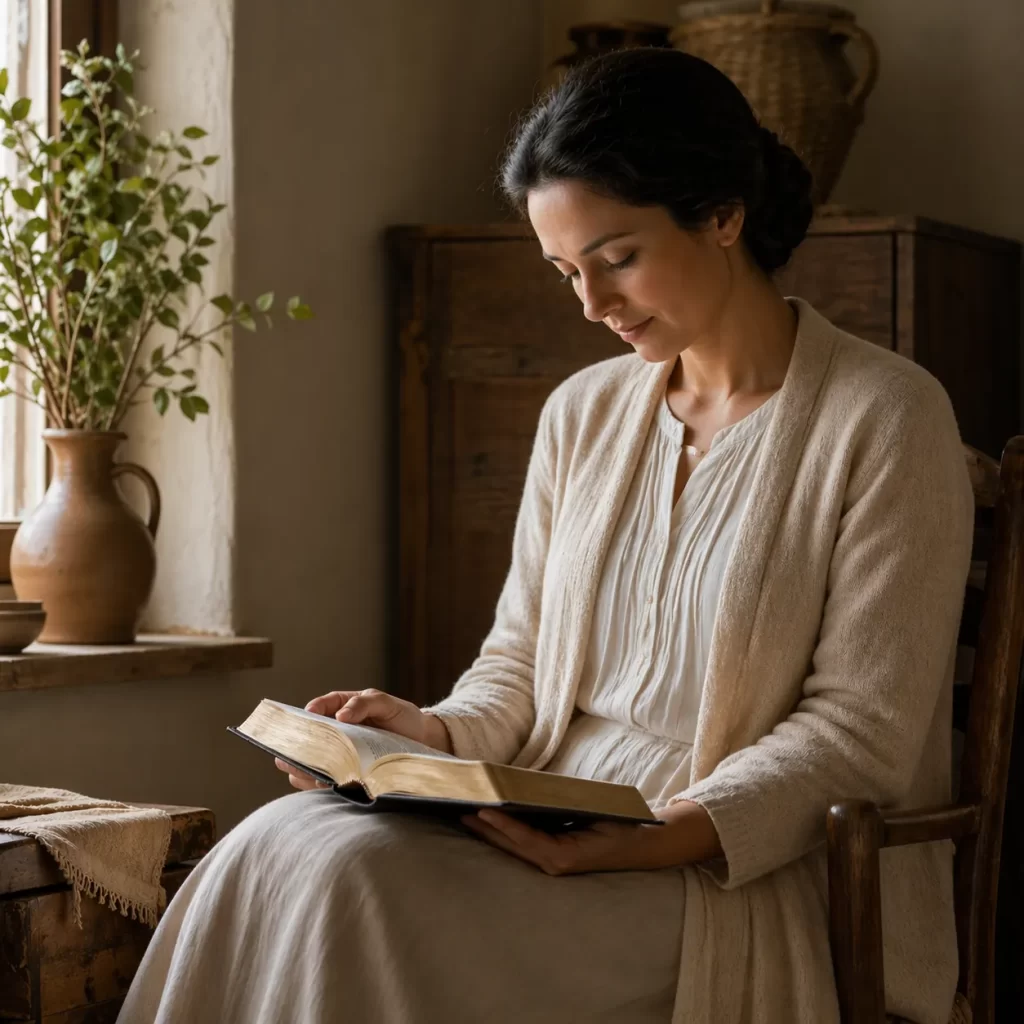 Mujer cristiana leyendo la Biblia con modestia y serenidad, reflejando la enseñanza de 1 Timoteo 2:11-15.