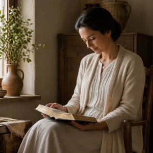 Mujer cristiana leyendo la Biblia con modestia y serenidad, reflejando la enseñanza de 1 Timoteo 2:11-15.