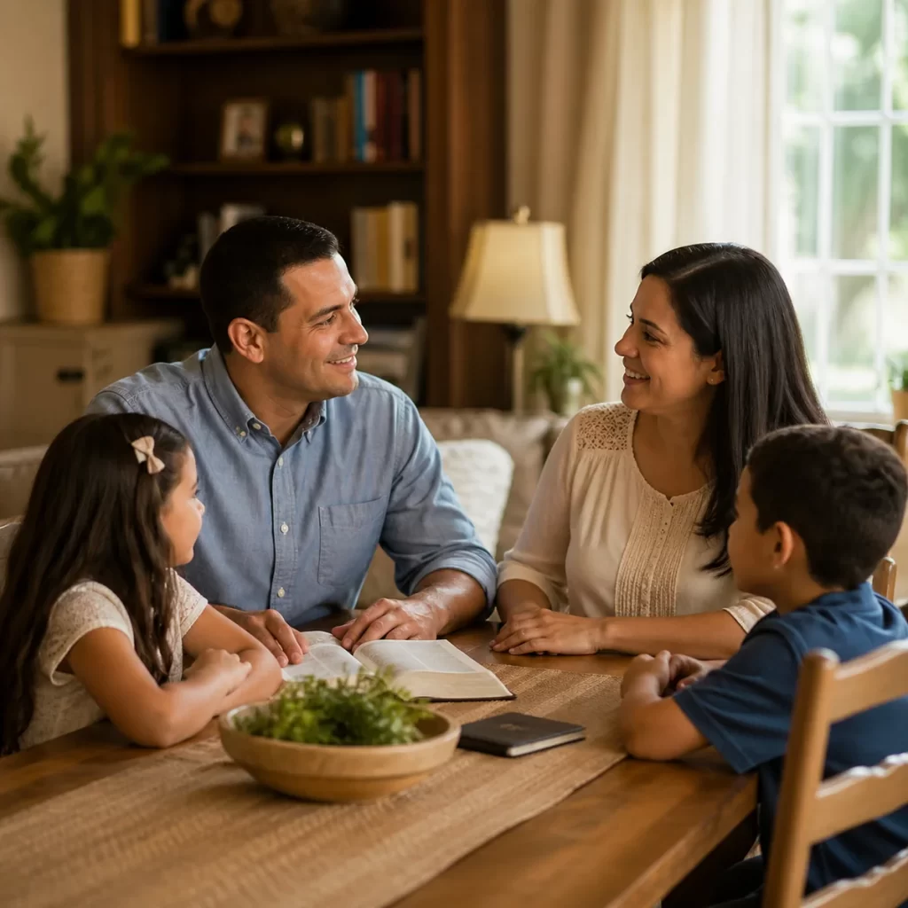 Familia cristiana reunida en casa alrededor de una Biblia, símbolo de liderazgo espiritual y vida familiar aprobada por Dios.